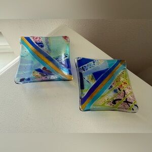 Fused Glass Trinket Dishes | Set Of 2 | Signed “Lyo 2005” Multicolor